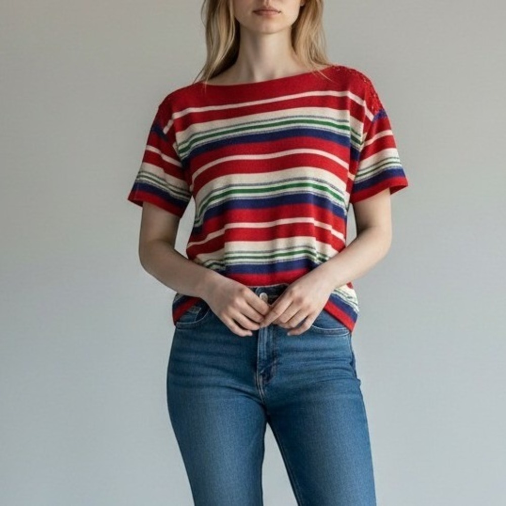Lauren Ralph Lauren Women Medium Knit Top Linen Cotton‎ Blend Striped Textured